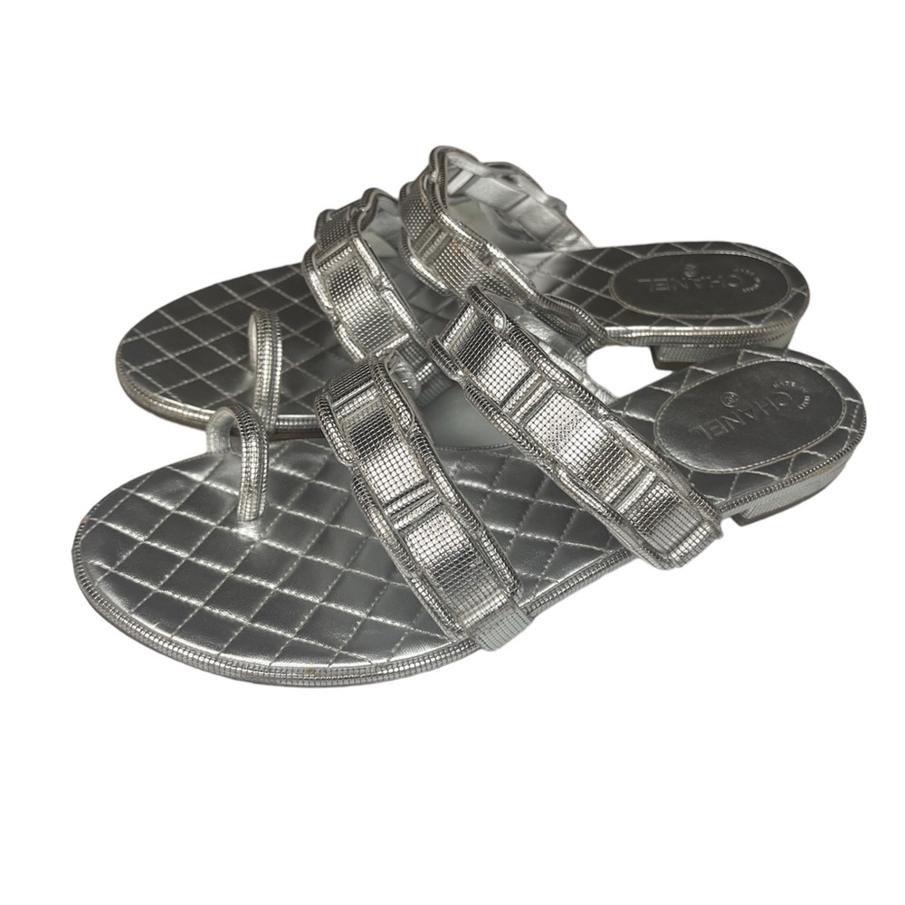 CHANEL WOMENS SANDAL METALLIC CALFSKIN SILVER LEATHER SZ 39.5